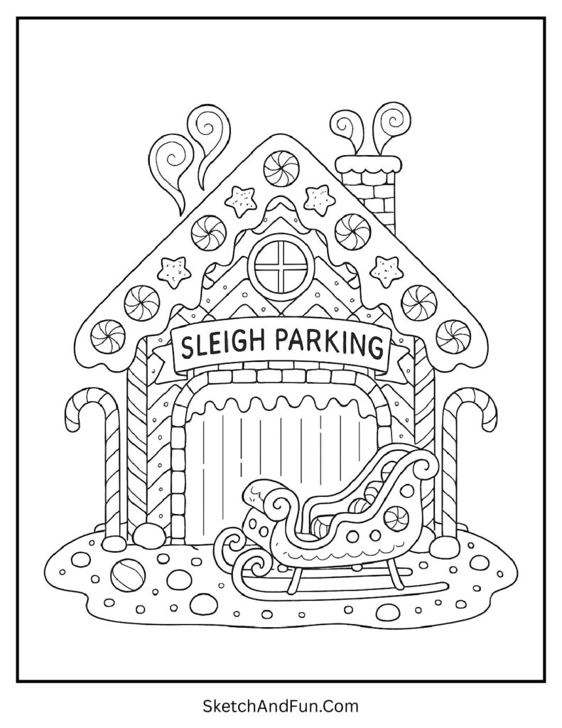 Sleigh parked outside in a gingerbread house coloring page kids printable.