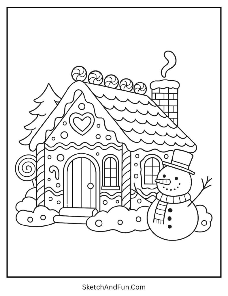 Cheerful snowman outside in a gingerbread house coloring page holiday fun for children.z