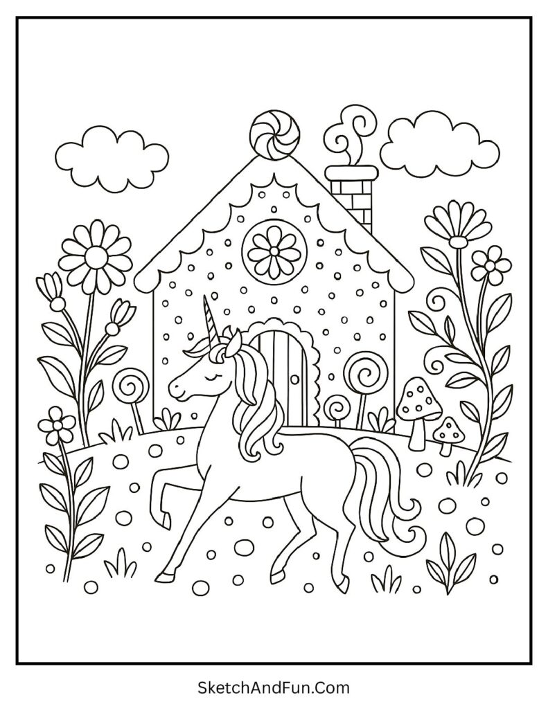 Unicorn near candy home in a color your own gingerbread house printable.