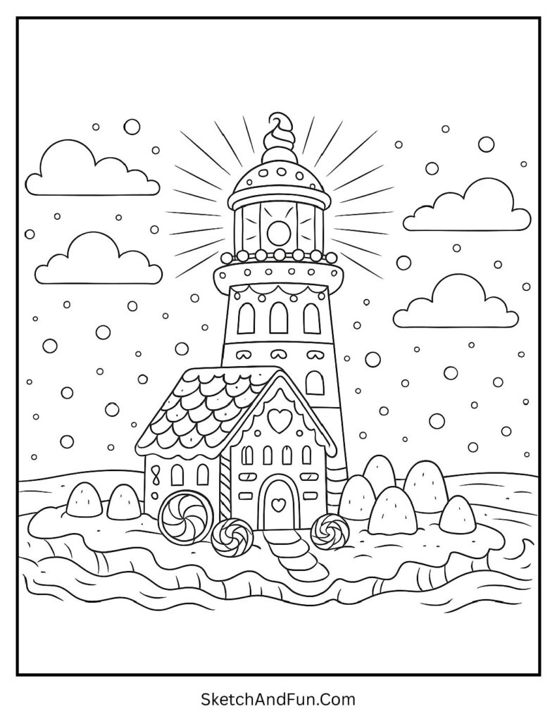 Candy lighthouse designed as a detailed gingerbread house coloring page.