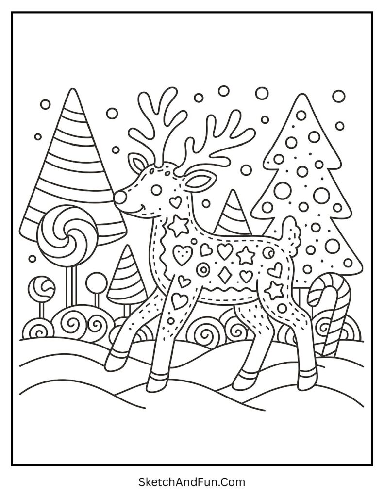 Gingerbread reindeer in candy wonderland – reindeer coloring pages for adults