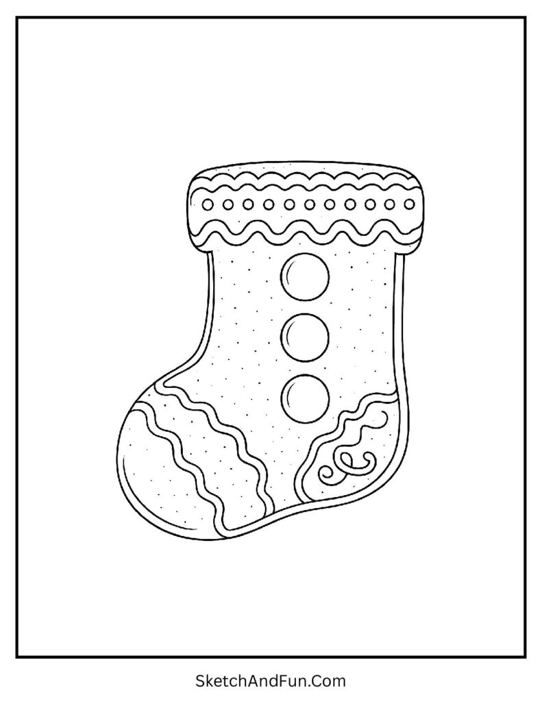 Gingerbread Stocking – easy Christmas stocking coloring sheet with icing and candy button details.
