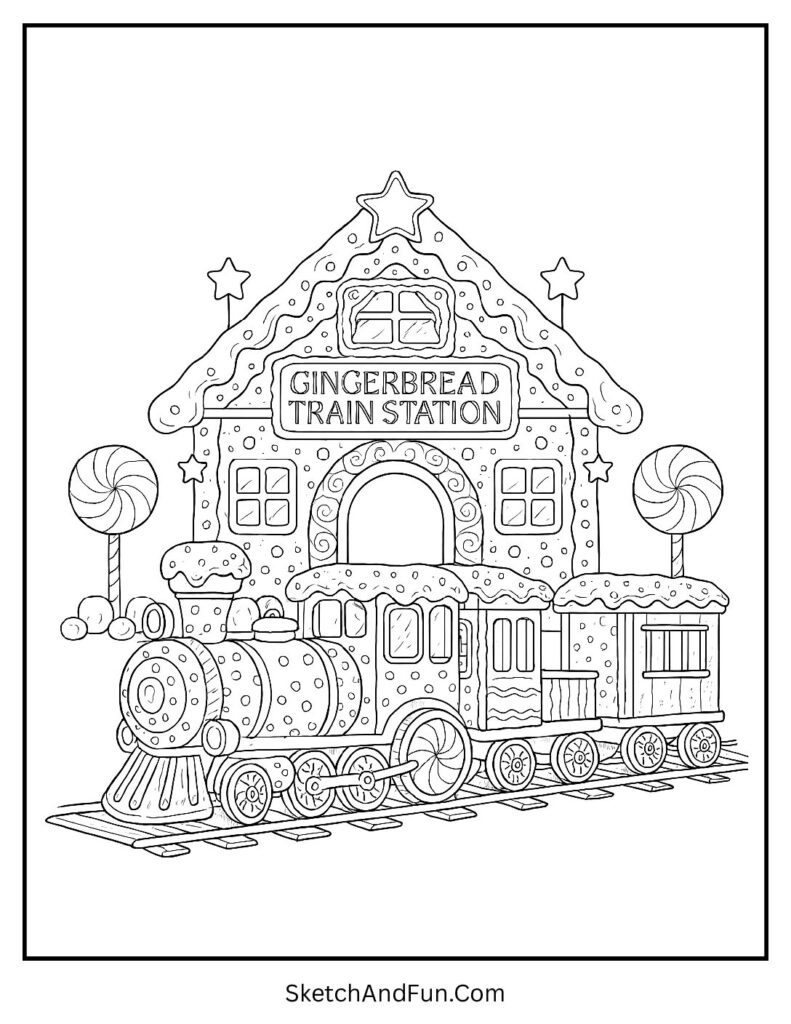 Candy train station included in gingerbread house coloring book pages style.