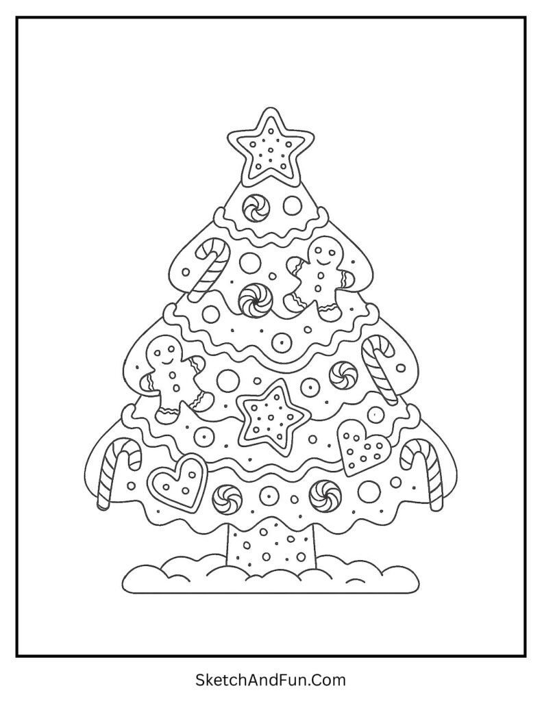Gingerbread cookie tree with candy for christmas tree coloring sheets.