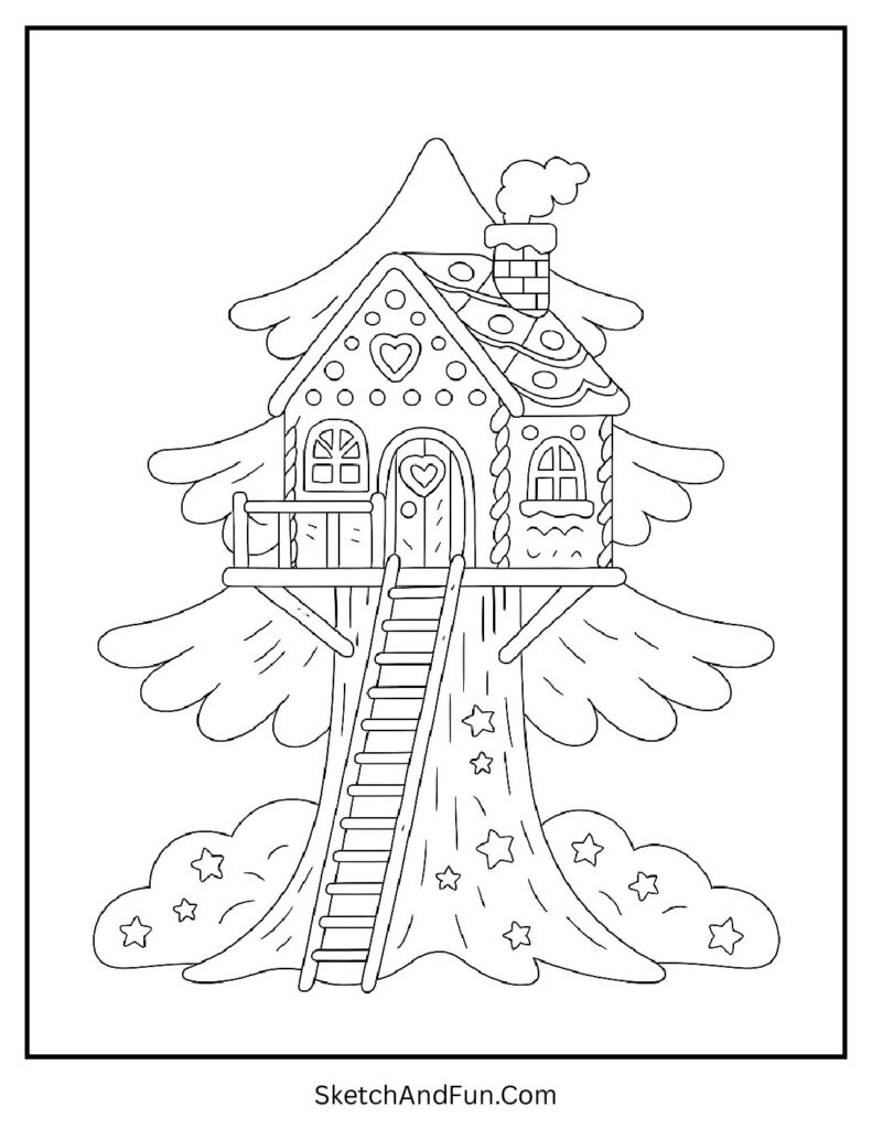 Treehouse style shown in a gingerbread house coloring page activity.
