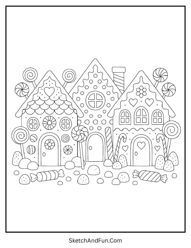 Gingerbread village created as free gingerbread house coloring sheets for toddlers.