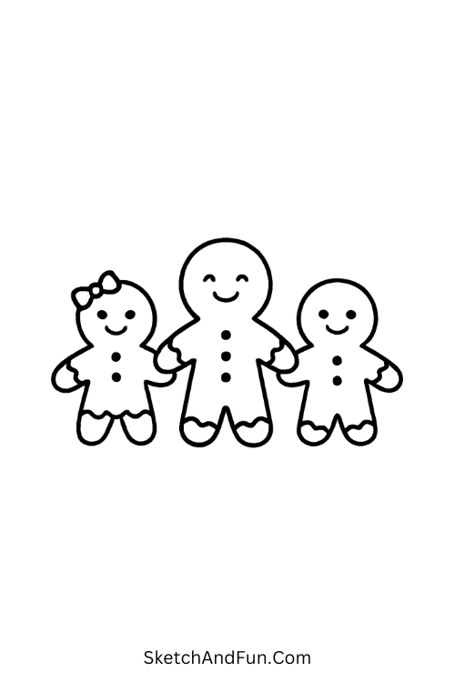 Cookie friends holding hands, sweet choice for coloring Christmas art.