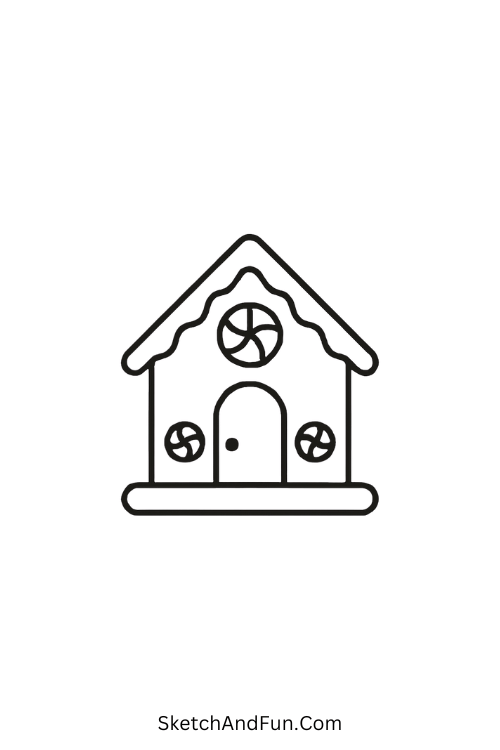 Gingerbread house drawing ideas – Cookie house with candy details, sweet for Christmas holiday sketches.