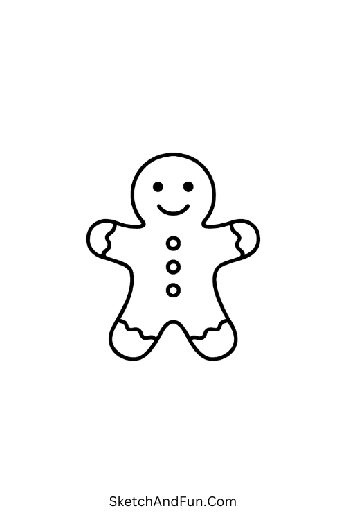Gingerbread house drawing showing a cookie man with icing smile and buttons.