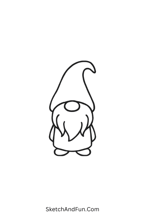 Christmas character drawing of a short gnome with a tall red hat.