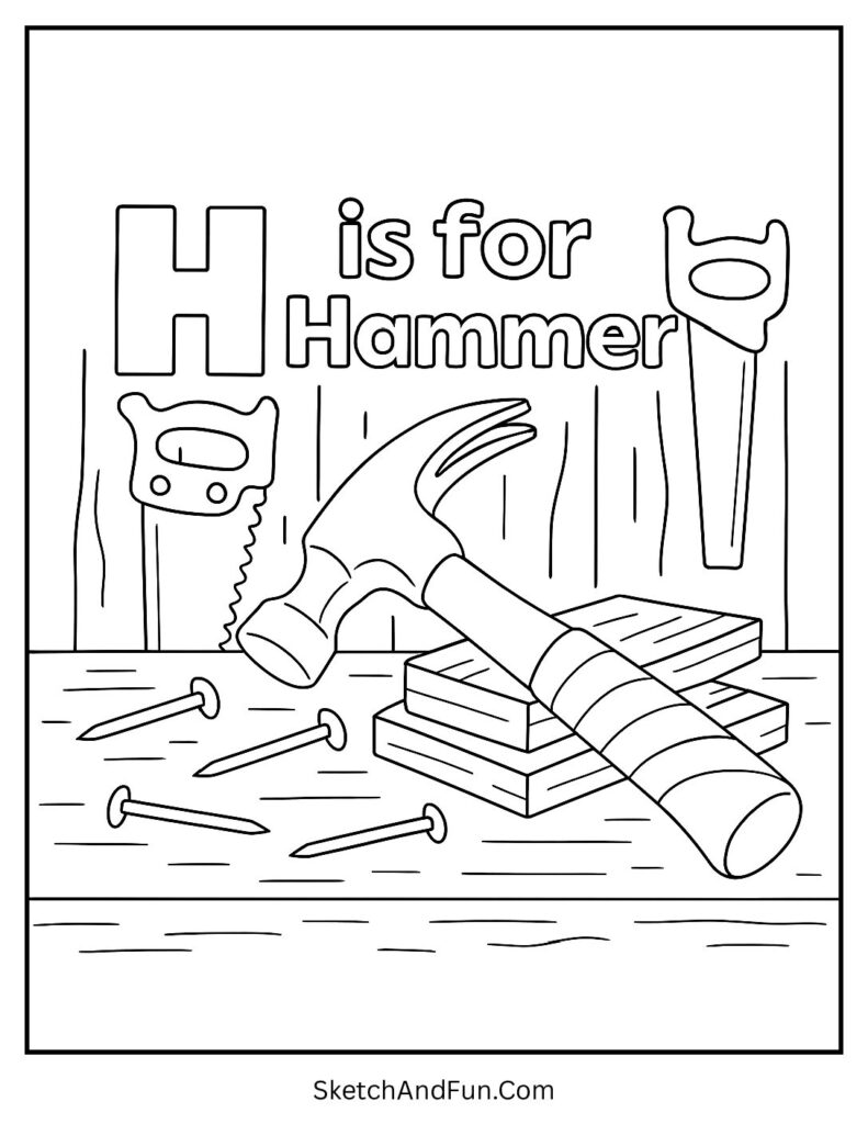 Hammer and workbench β large bubble letter H coloring page simple learning.