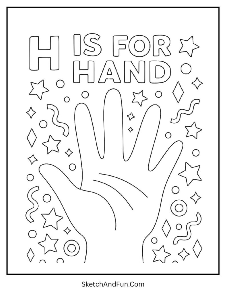 Waving hand with stars β letter H themed coloring sheet with pictures for kids.