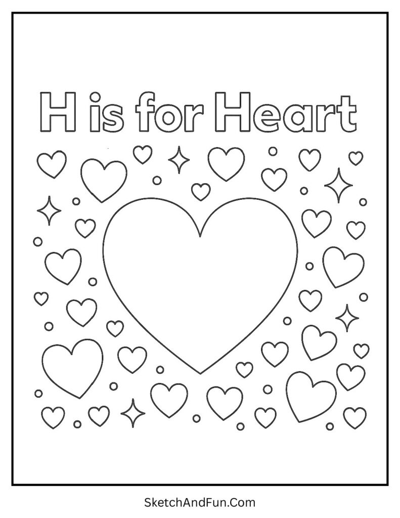 Big heart and stars β letter H coloring pages pdf download for kids to color.