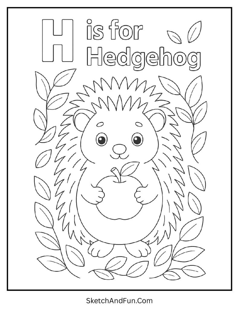 Cute hedgehog and apple β letter H coloring pages free printable pdf for kids.