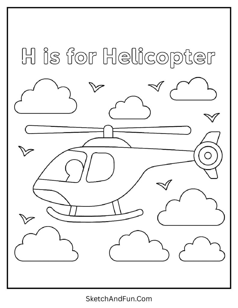 Flying helicopter and clouds β letter H colouring pages preschool fun printable.