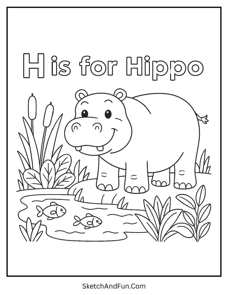Happy hippo by pond β letter H coloring pages for adults and kids to enjoy.