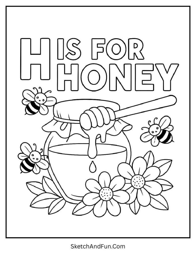 Honey jar with bees β letter H coloring sheet easy for toddlers early learning.