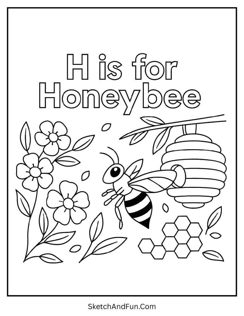 Busy honeybee near hive β letter H coloring and tracing worksheet for kids.