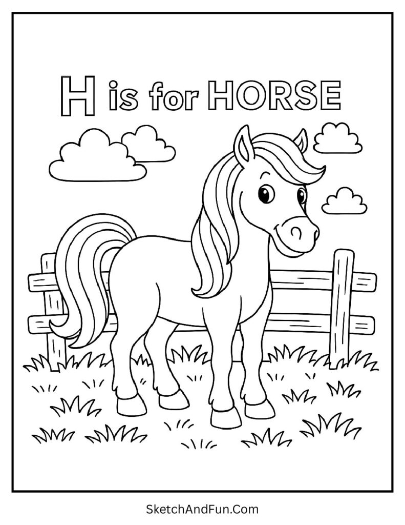Farm horse near fence β printable letter H coloring sheet free for children.