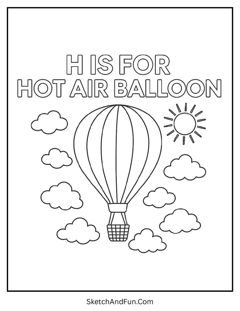 Colorful hot air balloon β letter H coloring book page for children educational fun.