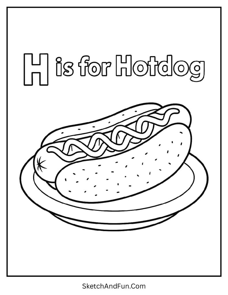 Hotdog with ketchup β lowercase letter h coloring sheet free printable for kids.