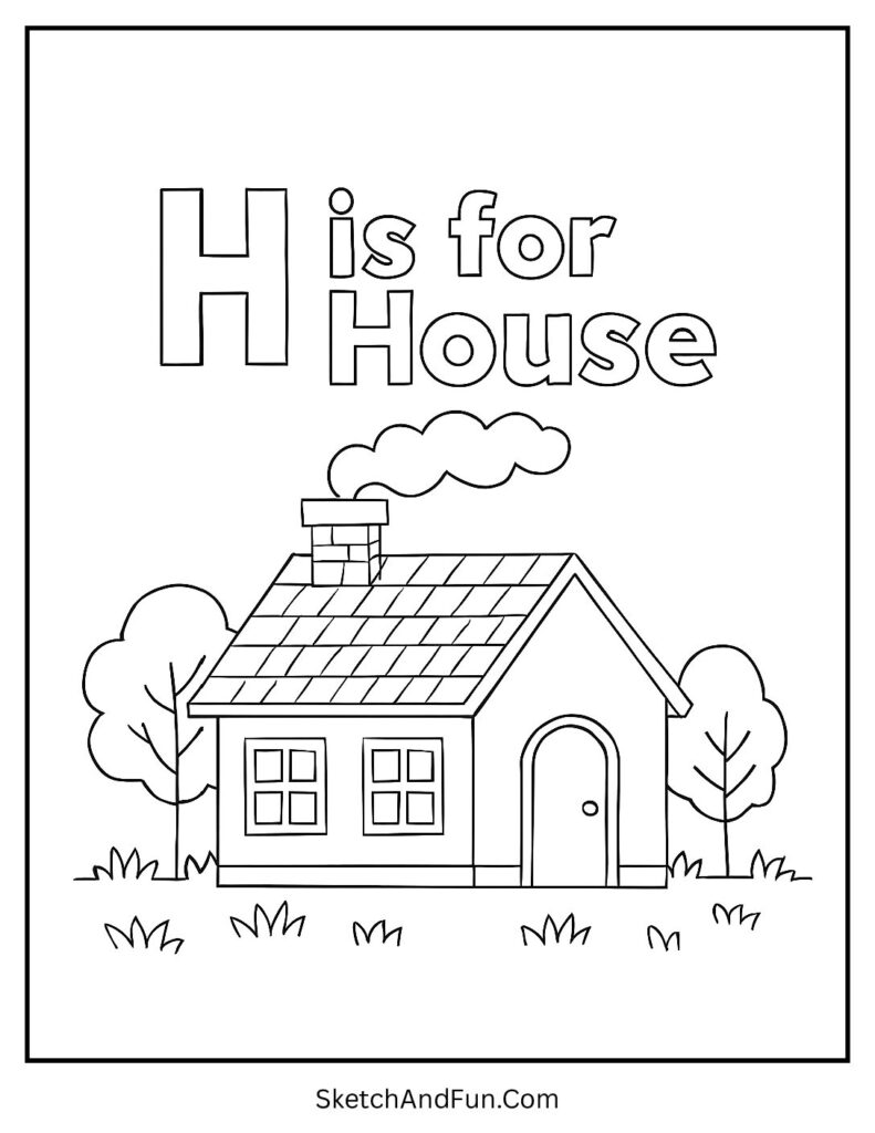 Cozy house with trees β letter H coloring pages for kids free printable activity.