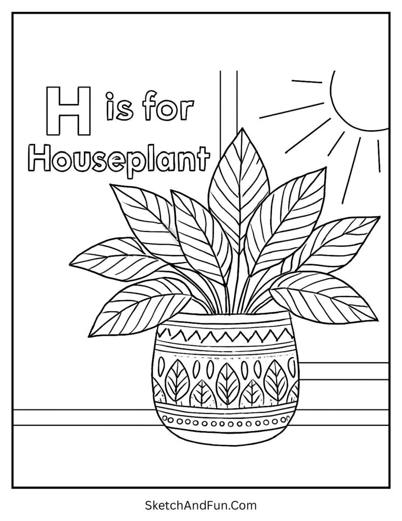 Leafy houseplant by window β letter H coloring sheet free download printable.