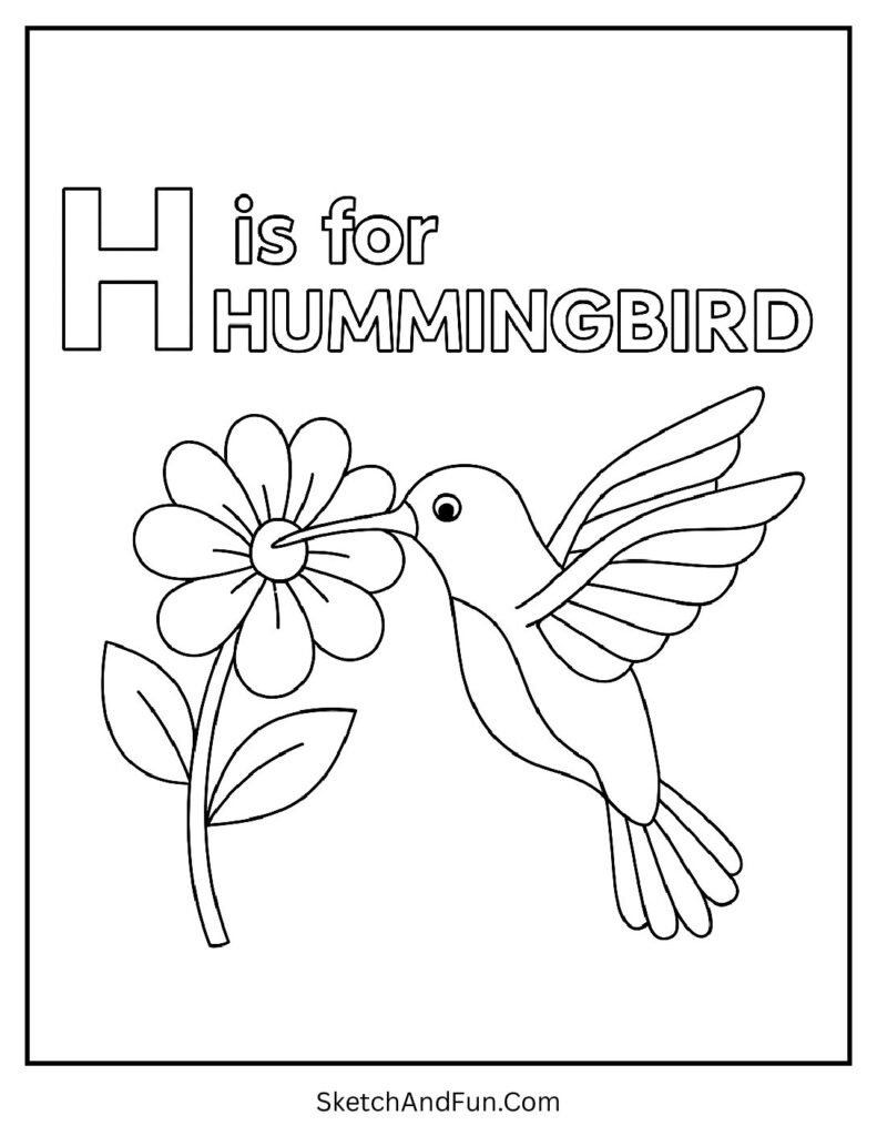 Tiny hummingbird with flower β fun letter H coloring page hat house hippo printable.