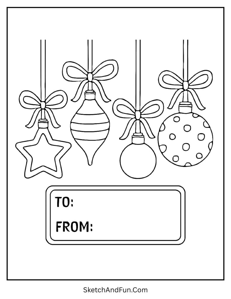 Christmas gift tag colouring sheet free printable with ornaments.