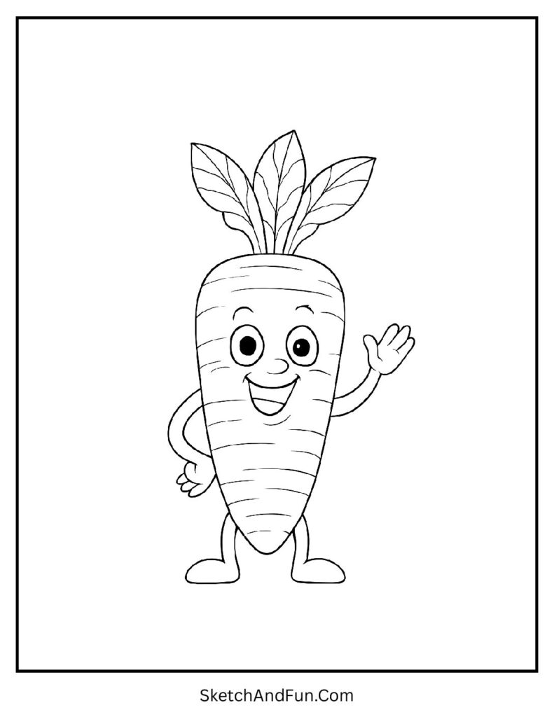 Carrot waving like a person in kawaii coloring pages for preschoolers.