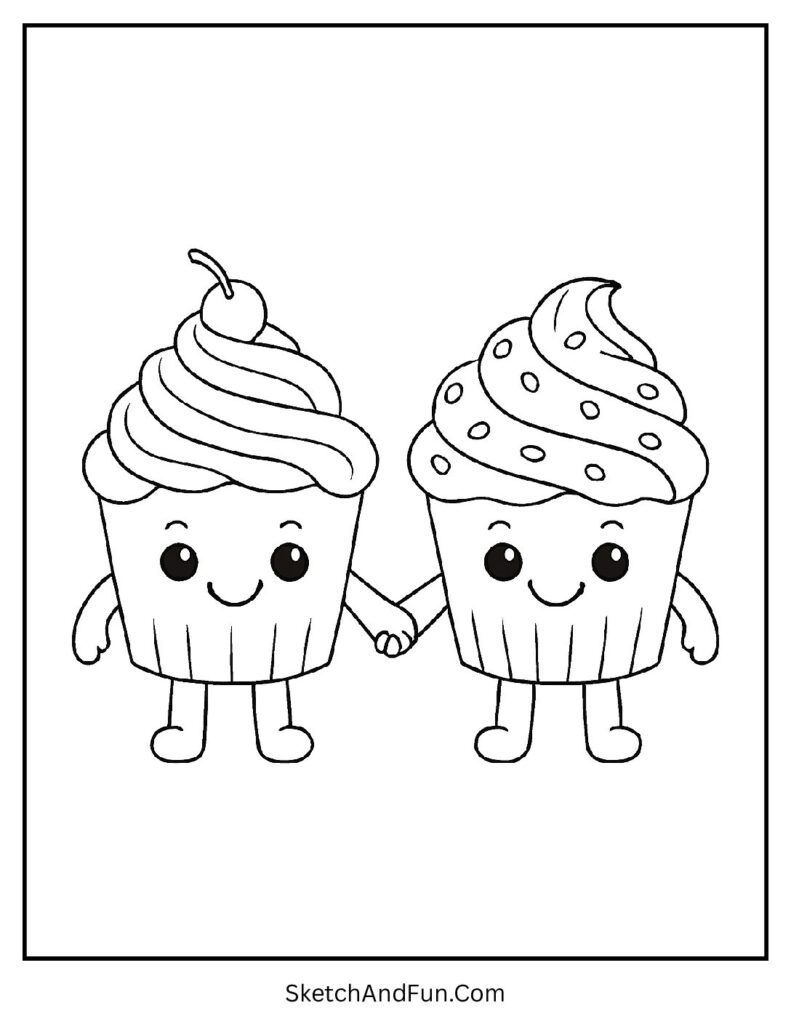 Two cupcakes holding hands in kawaii coloring pages for girls.