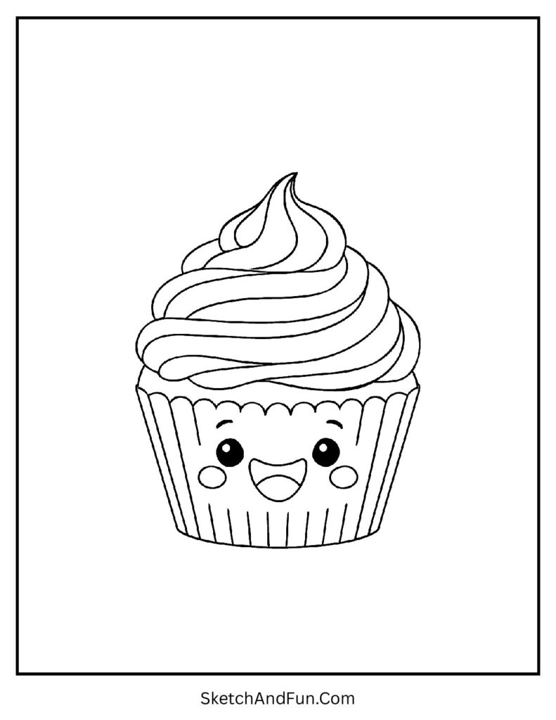 Cheerful cupcake with frosting in kawaii coloring pages for kids.