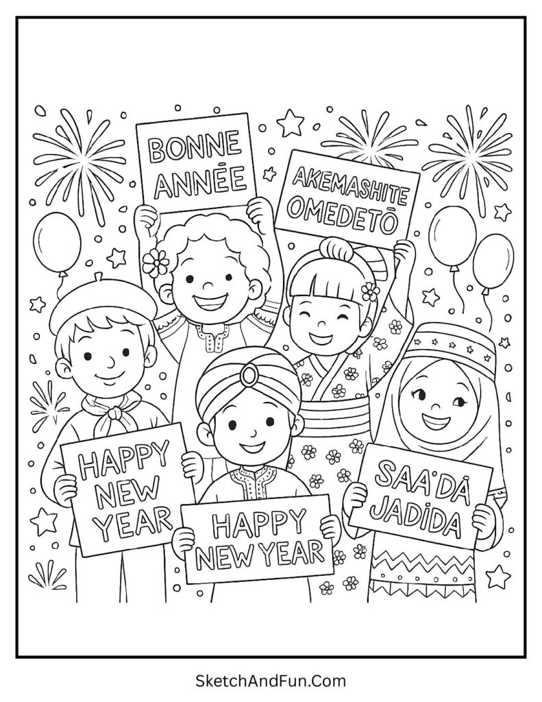 Happy New Year around world – printable happy new year 2026 coloring sheet