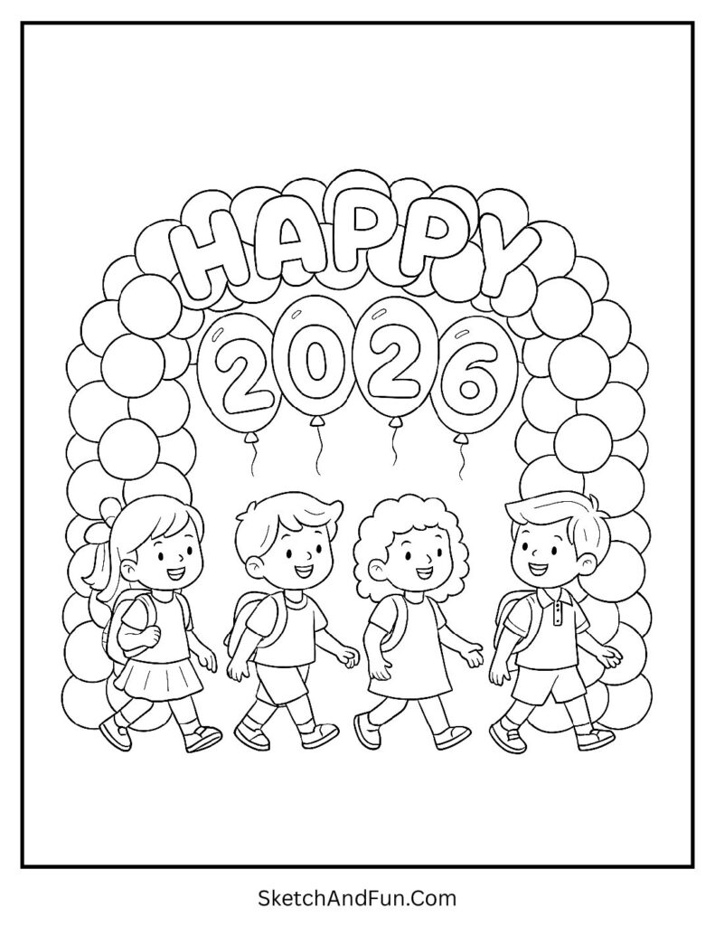 Balloon arch happy 2026 – new year colouring sheet free pdf