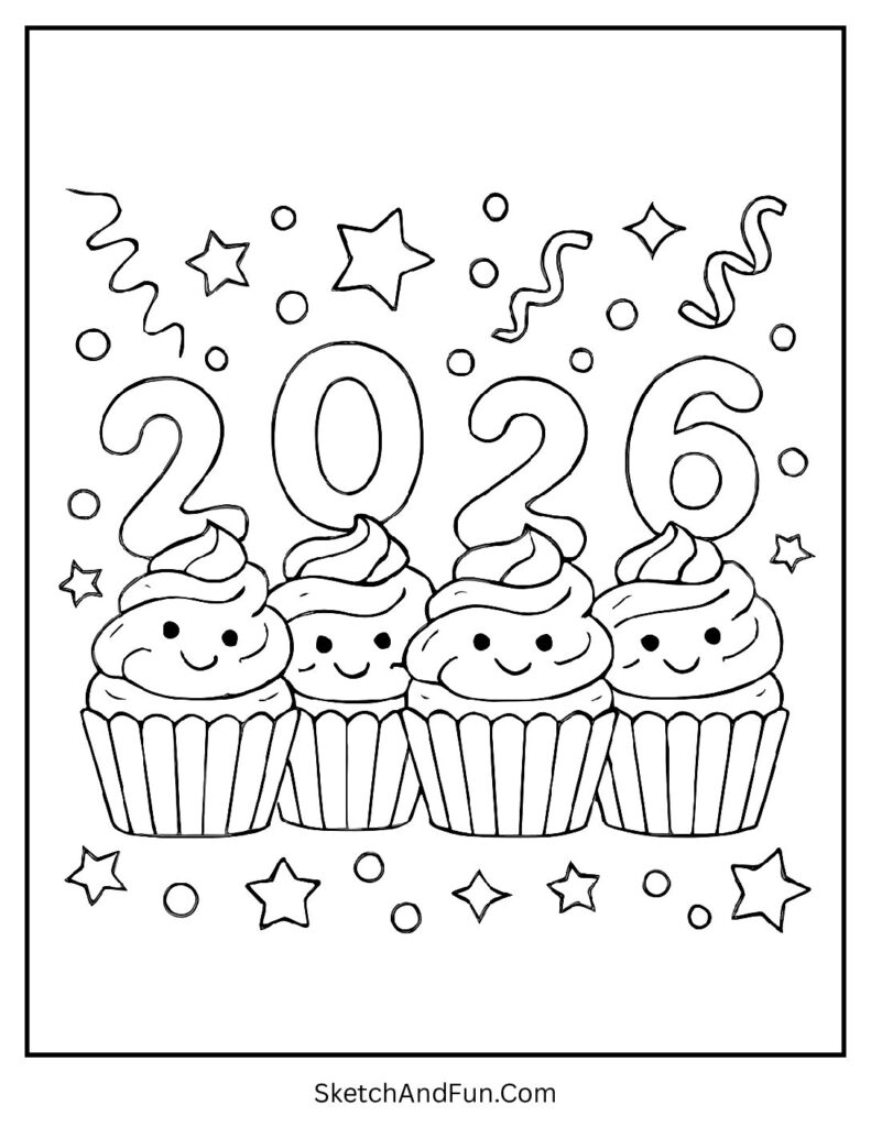 Cupcakes with 2026 numbers – new year coloring pages adults