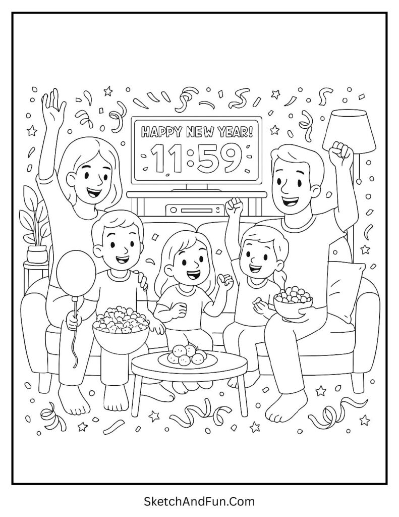 Family countdown living room – new year coloring pages 2026
