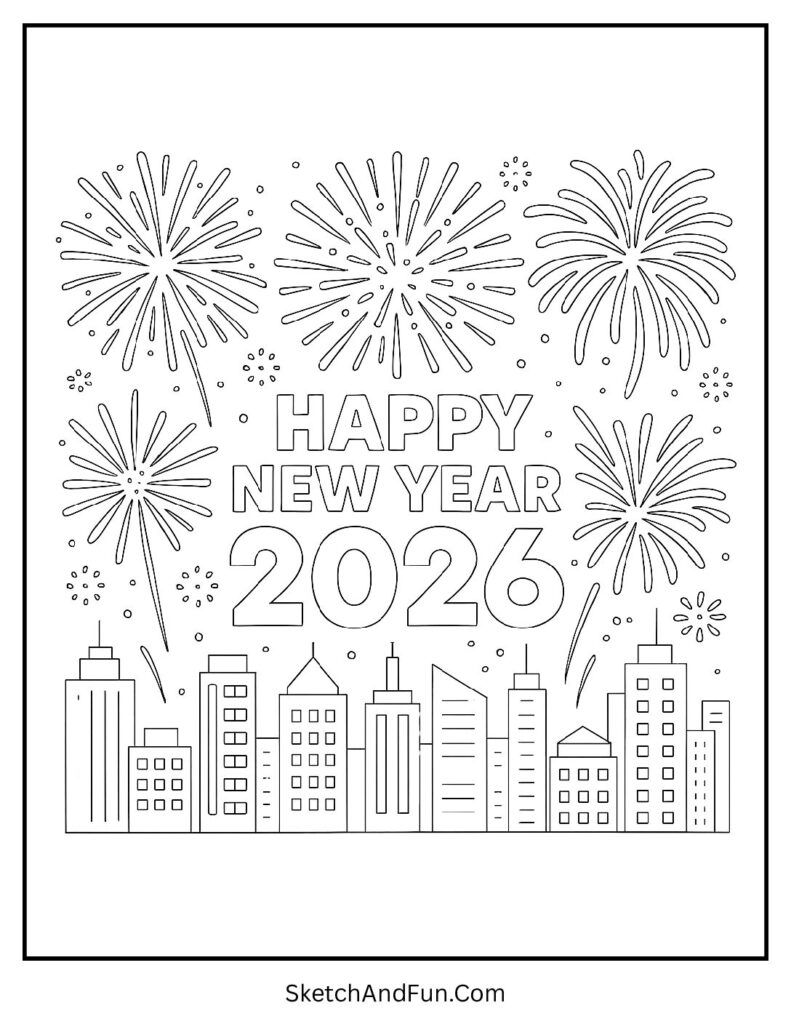 Happy New Year fireworks city scene – new year coloring pages printable