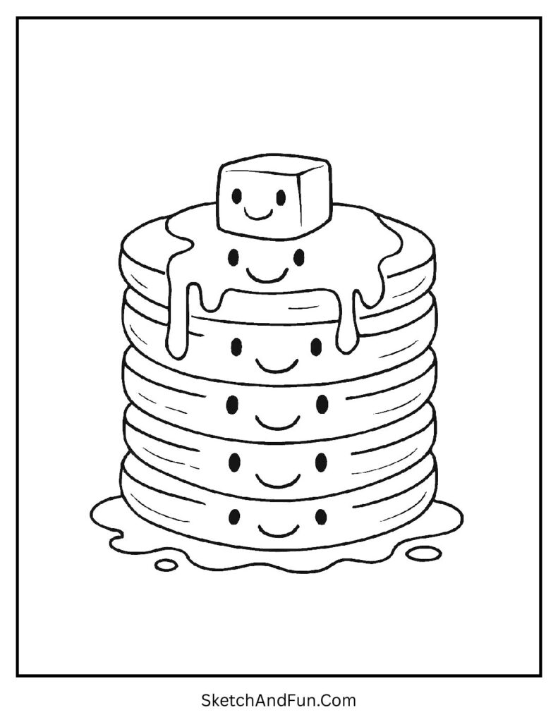 Pancake stack with syrup smiles in kawaii coloring pages for learning.
