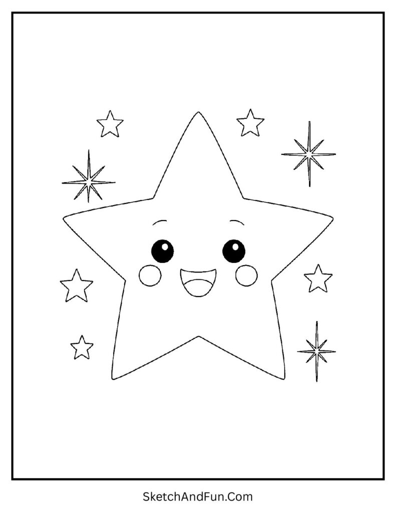 Sparkling happy star in kawaii coloring pages for fun with magical charm.