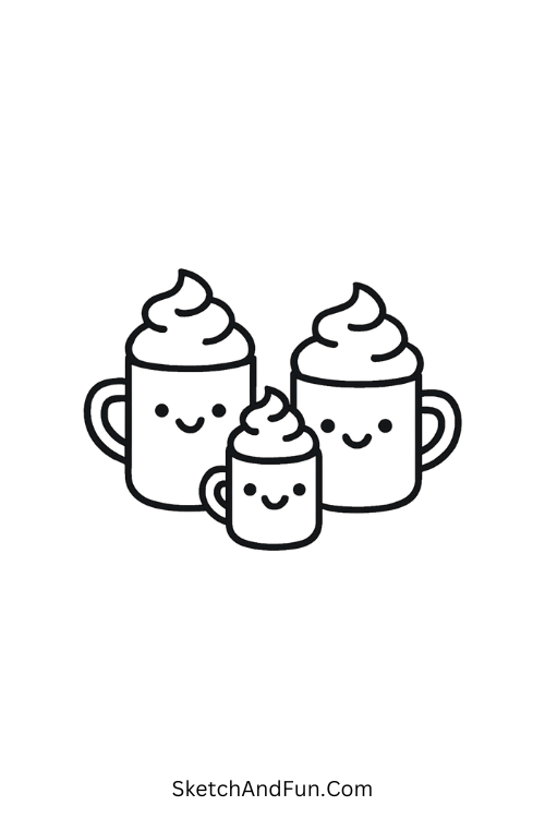 Three mugs with faces, cute and cheerful for Christmas drawing projects.