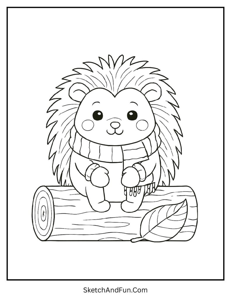 Hedgehog in scarf on log for fun winter coloring pages.