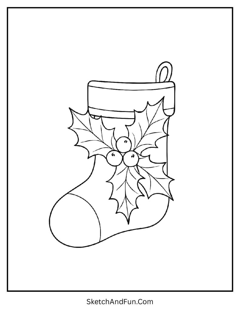 Holly Berry Stocking – Christmas stocking zentangle coloring page with holly leaves and berries.