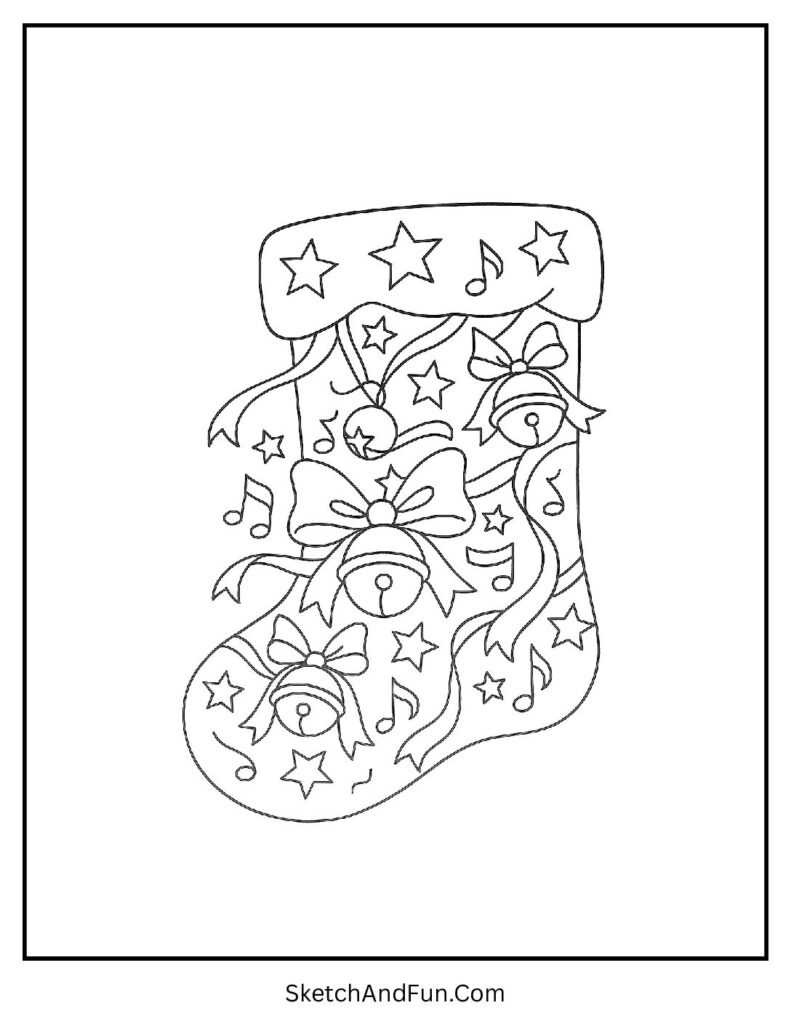 Merry Bells Stocking – Christmas stocking coloring pattern pdf with bells, ribbons, and stars.