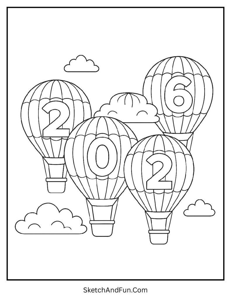 Hot air balloons 2026 – new year coloring pages for kids and adults