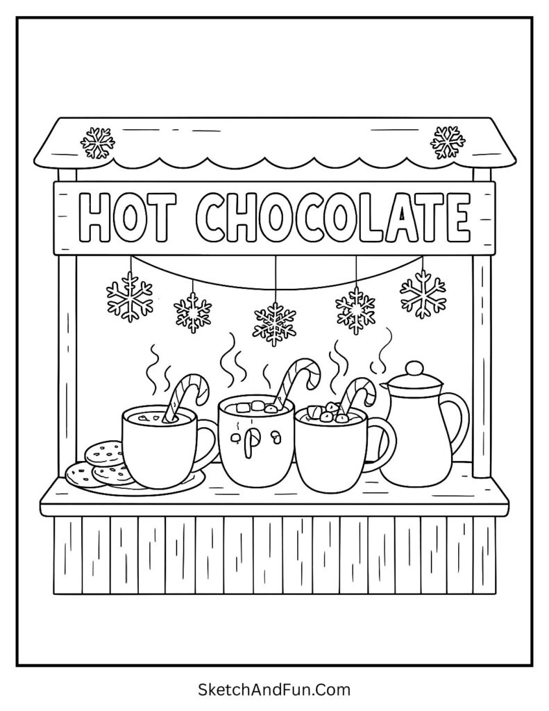Hot chocolate stand with cookies for winter coloring pages pdf.