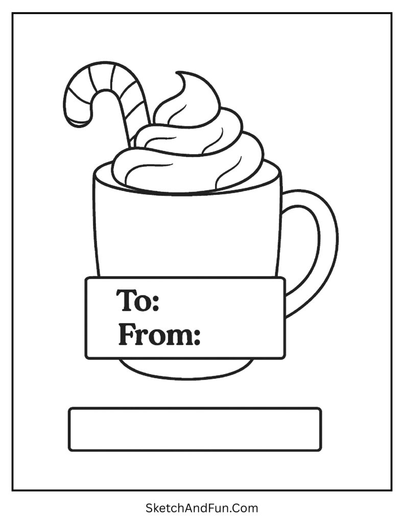 Customisable Christmas gift tag colouring pages with cocoa mug design.