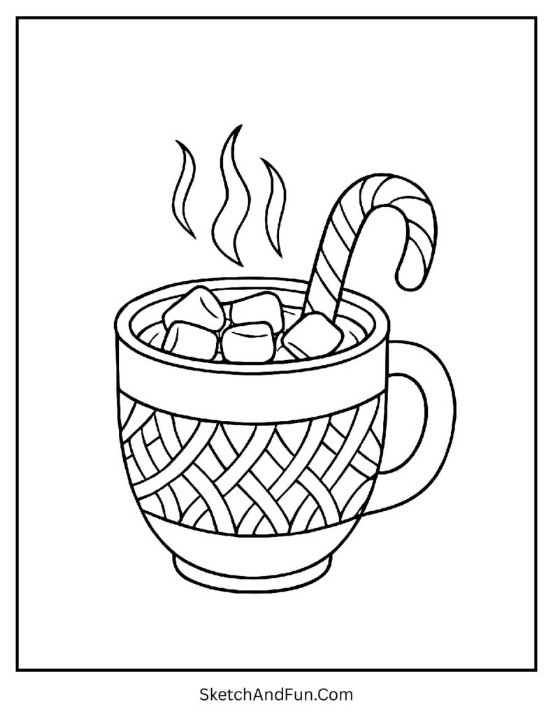 Hot cocoa mug with marshmallows in cozy coloring pages winter theme