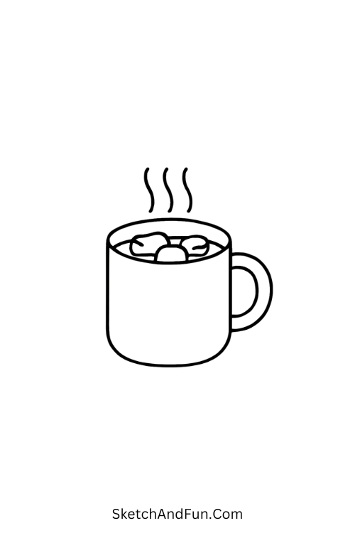 Christmas drawing ideas with color showing a hot cocoa mug and marshmallows.