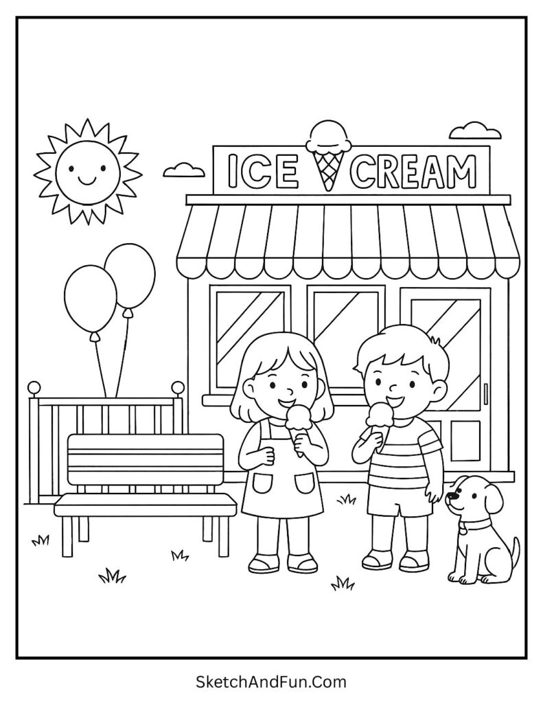 Ice cream parlor with balloons and cones for kawaii storefront coloring pages.