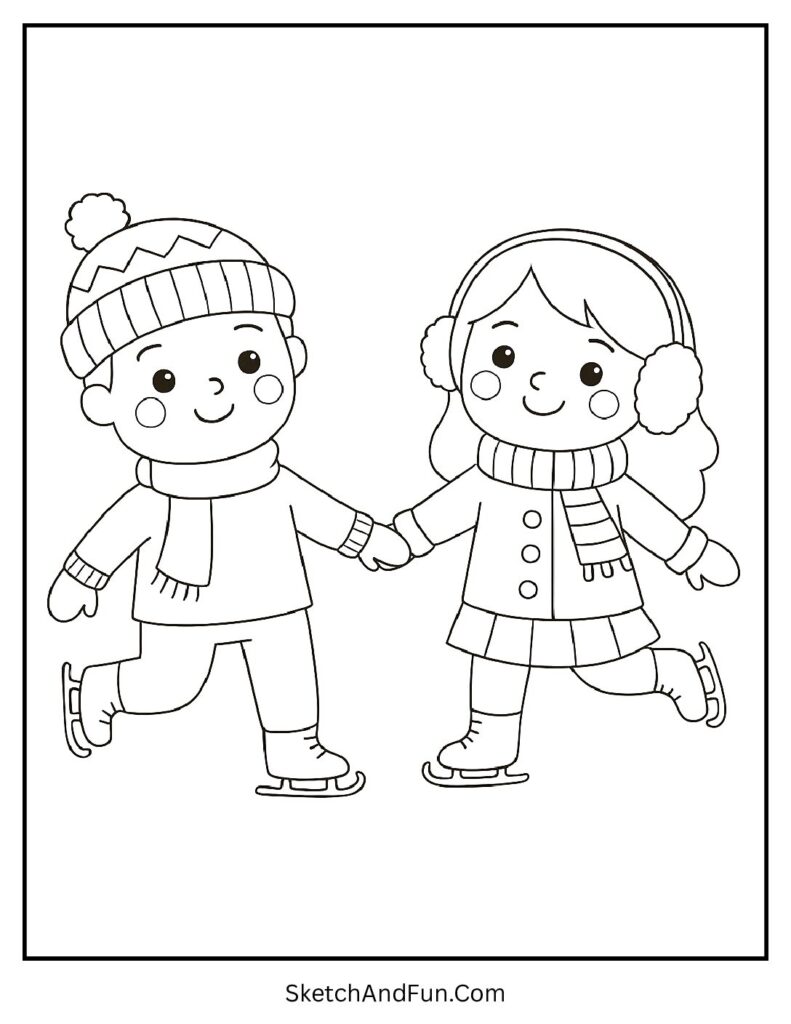 Kids skating with rosy cheeks for ice skating coloring pages.